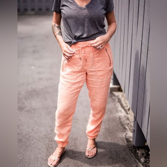 Athleta Retreat Linen Jogger Pants in Calla Sunset Orange Coral 531704 Size 6 - Picture 3 of 16